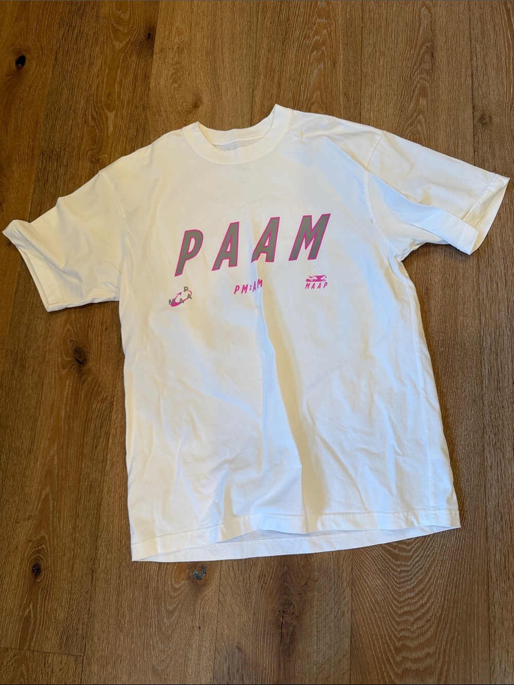 MAAP men’s White Short-Sleeve Graphic Tee with Pink Logo- stains pictured!